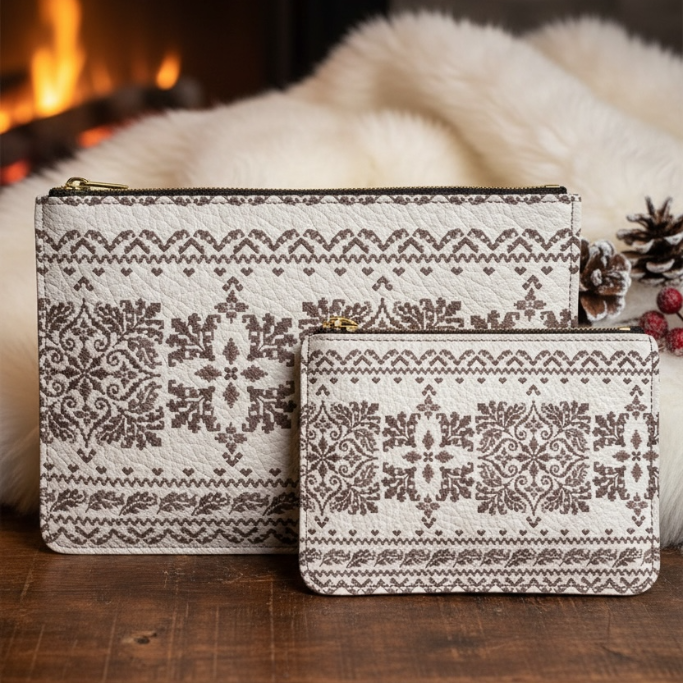 Two patterned pouches on a wooden surface with a fireplace in the background