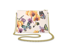 A rectangular clutch bag with a gold chain strap, featuring a light pink background decorated with yellow flowers and colorful butterflies.