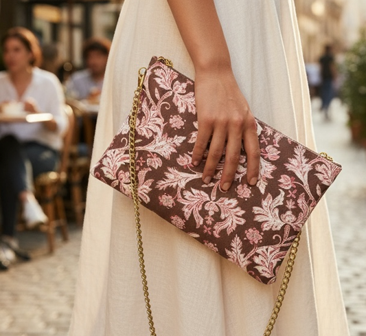 Hand holding a floral-patterned clutch bag with a blurred background of people and tables.