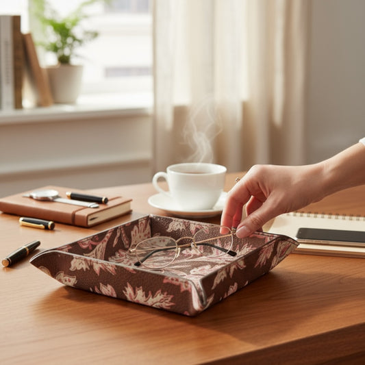 Person placing glasses on a Heritage Block hand illustrated patterned decorative tray with a cup of steaming coffee in the background and other desk essentials