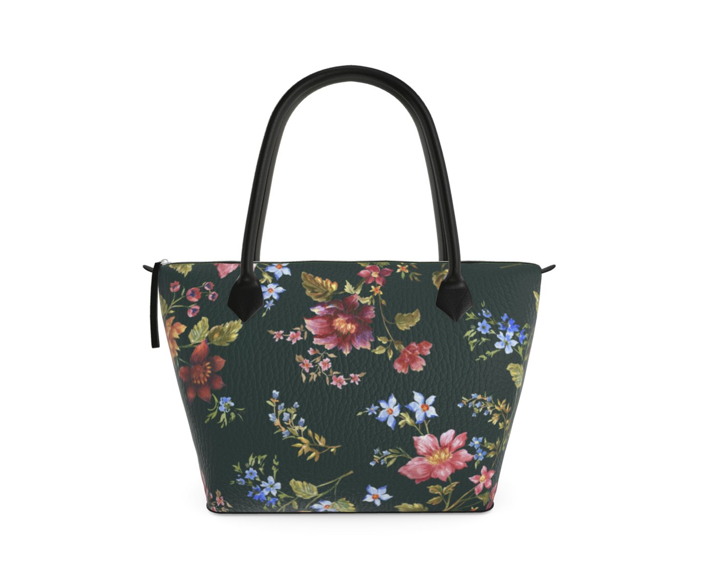 Floral-patterned handbag with black handles on a white background