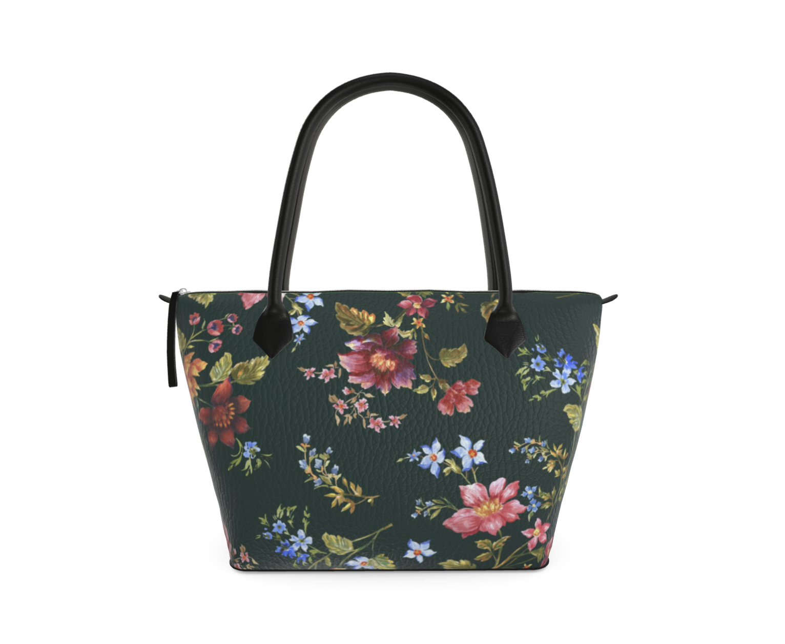 Floral-patterned handbag with black handles on a white background