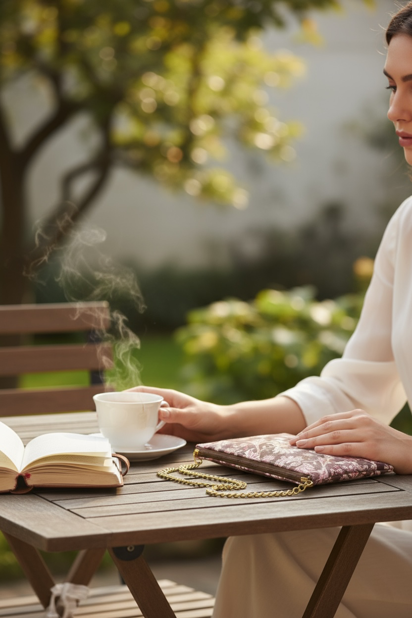 Woman sitting at a table outdoors with a cup of tea and an open book.