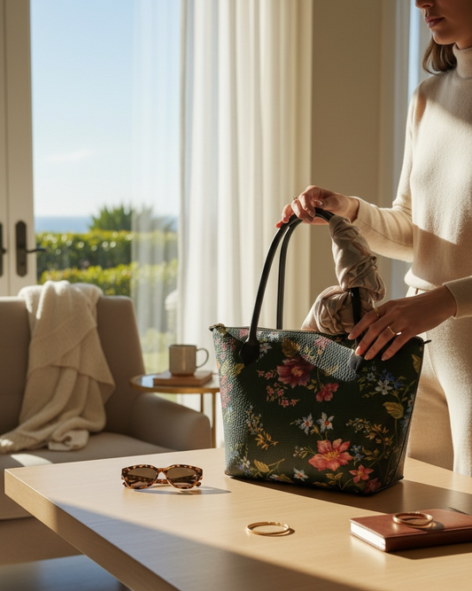 Woman holding a floral-patterned handbag in a bright room with large windows.