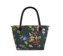 Floral-patterned handbag with black handle on a white background