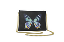 Black clutch with gold chain strap and blue and green butterfly