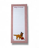 Notepad with a dog and pumpkin design on a red and white striped border
