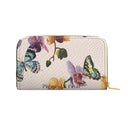 A zip-around wallet by Pigment & Petal featuring a textured cream background with a vibrant print of butterflies and flowers, shown on a plain white background.