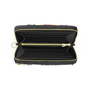 An open black zip-around wallet with gold-tone zippers and a gold key ring, shown against a plain white background.